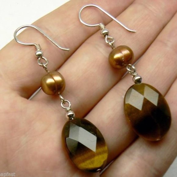 Tigers Eye & Brown Pearl Sterling Silver Earrings - Picture 2 of 3